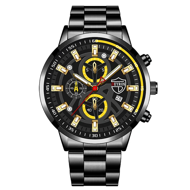 Brand Mens Watches Fashion Men Sport Stainless Steel Quartz Wristwatch Man Clock Business Casual Leather Watch relogio masculino Steel Black Yellow
