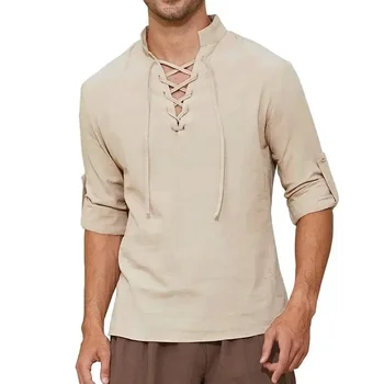 Men's Pirate Shirt Long Sleeve Cotton Linen Medieval Vintage Top Shirts Halloween Costume Cosplay Drawstring V-neck T-shirt