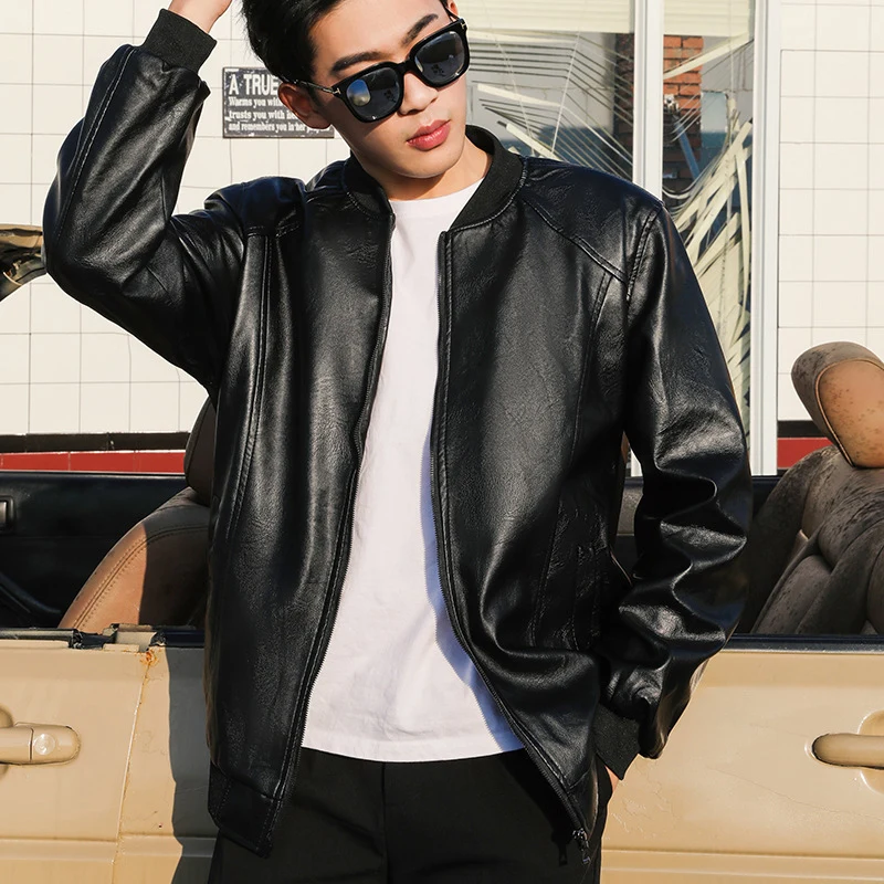 

Autumn Winter Loose Casual Black PU Leather Coat Male Long Sleeve Fashion Zipper Outwear Top Hombre All-match Cardigans Jacket
