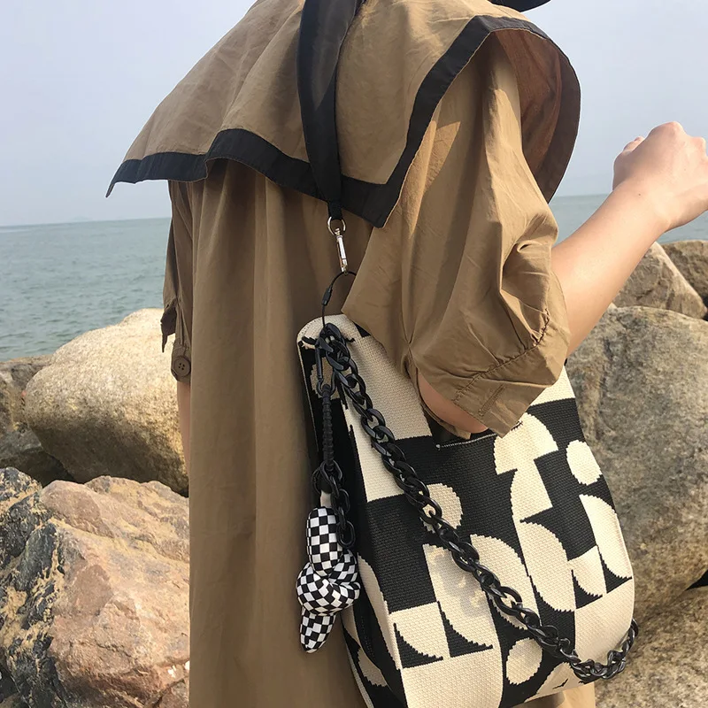Women's Knitting Fabric Knot Wrist Handbag Stripe Chequer Chess Design Shoulder Shopper Bag Decoration Purses Woolen Travel Tote