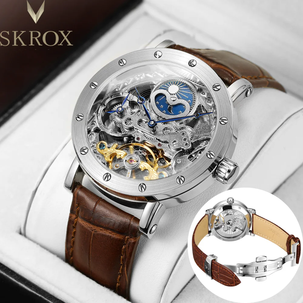 SKROX Dual Time Zone Moon Phase Automatic Clock Mechanical Genuine Leather Men's Wristwatches Original High-End Luxury Man Watch