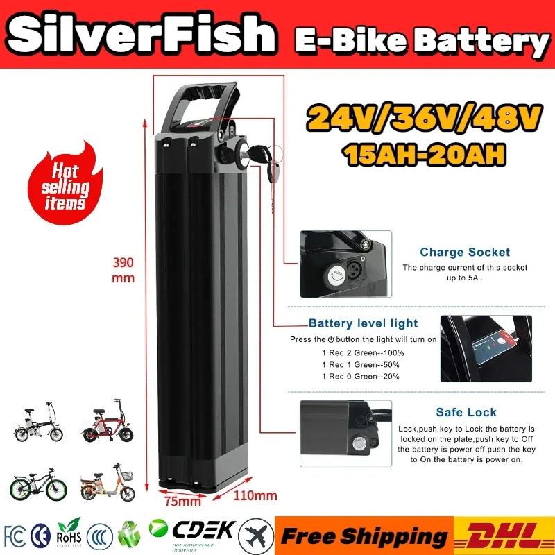 

Original Silver fish battery 36V 15Ah-20Ah ultra long endurance 18650 Li-Ion Battery Pack Suitable for E-bike folding E-vehicles