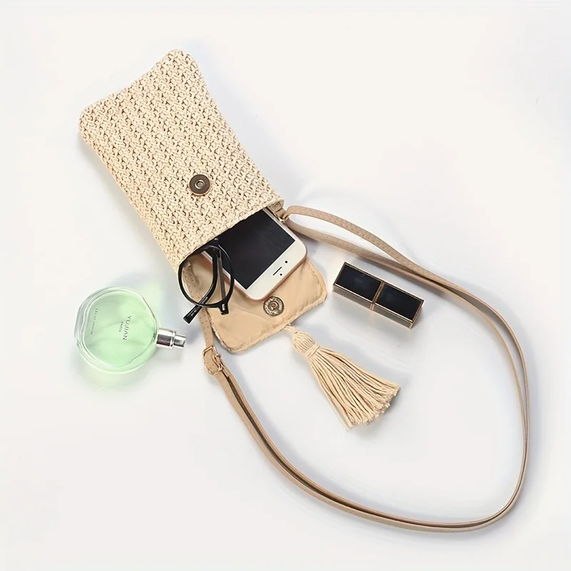 Straw Beach Bag Women Holiday Mobile Phone Shouder Bag Summer Tassel Mini Crossbody Bag for Lady Gril Travel Bohemian Style
