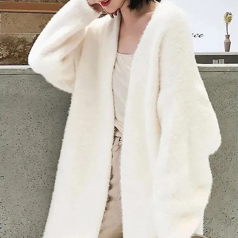 white Long Cardigan for women winter clothes Knitted fluffy long sleeve Cashmere sweater coat clotkorean style warm vintage 2