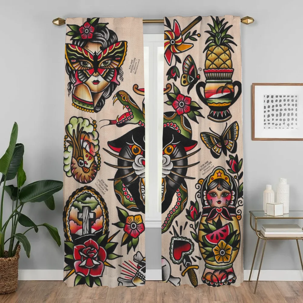 New School Tattoo Shades Curtains for Living Room Curtain for Room 2 Panel Home Interior Curtains Halloween Decoration Partition 3