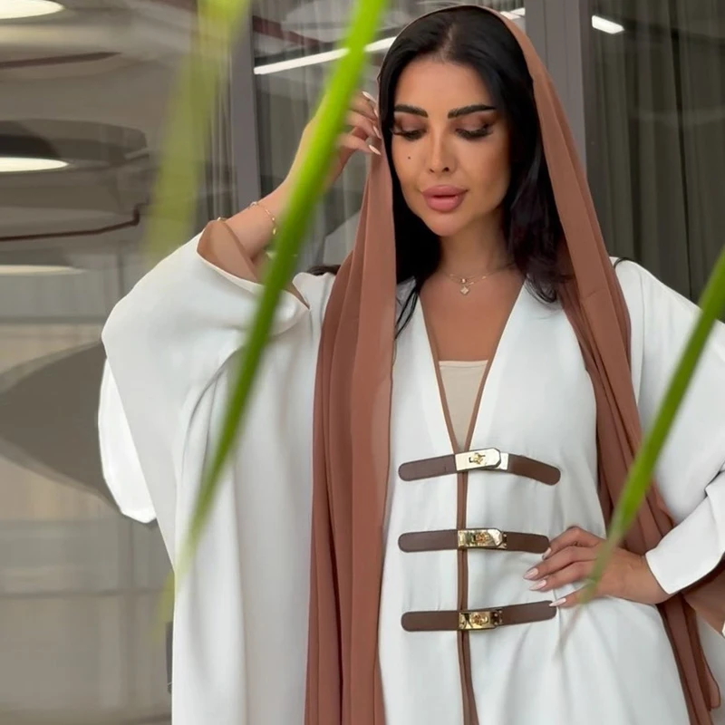 Women Sweater Jacket Gown with Leather Button Muslim Abaya Türkiye Arab Robe