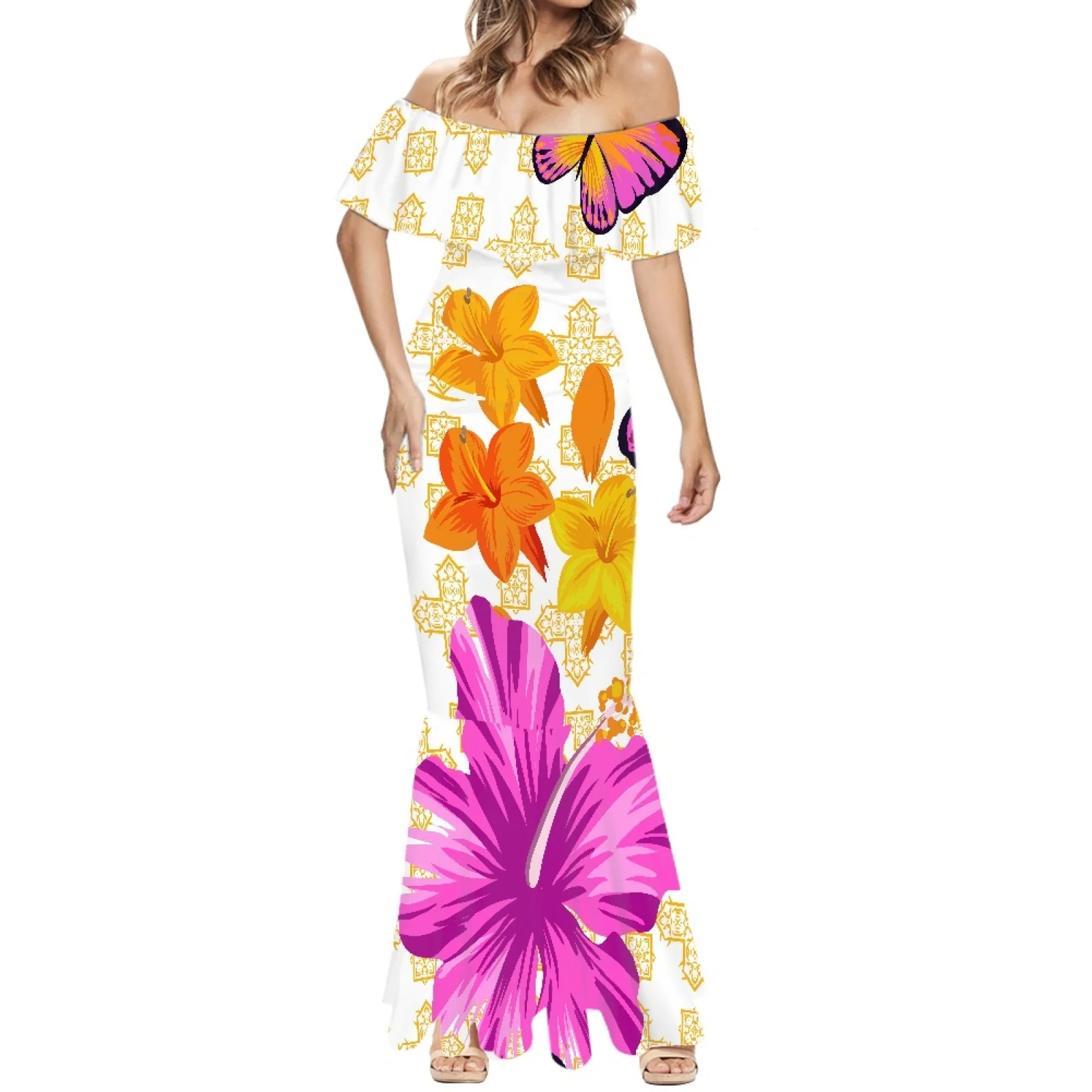 

Polynesian Tribal Fijian Totem Tattoo Fiji Prints New Design Tropical Palm Leaf Holiday Beach Party Women Mermaid Dress Elegant