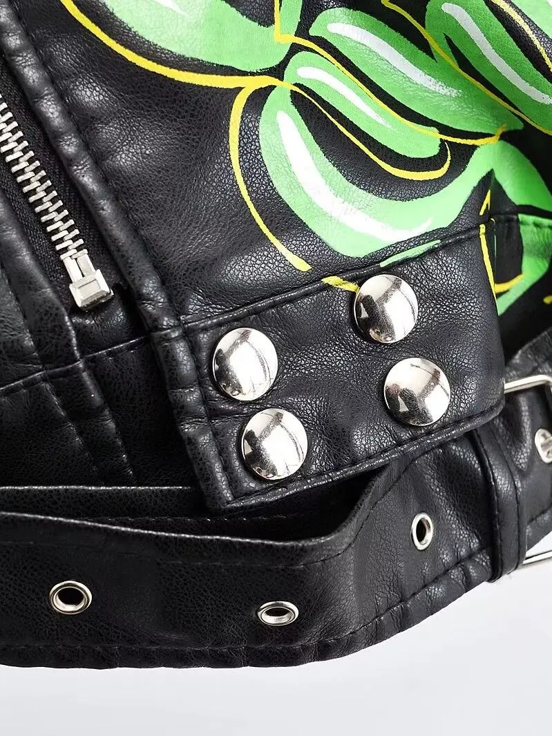 女性のためのイミテーションレザージャケット,グラフィティプリントの