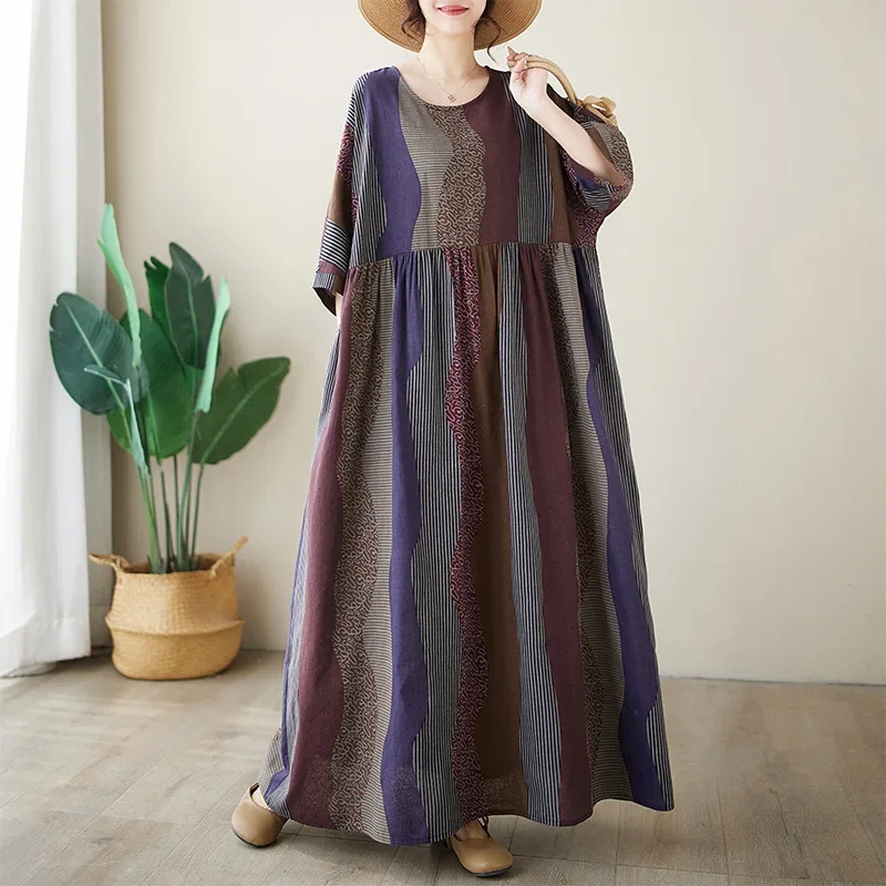 

Summer cotton and linen round neck short sleeved long skirt with vertical stripes minimalist Bohemian dress