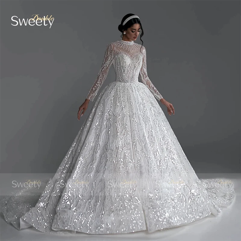 Abito da sposa completamente in rilievo che borda con abito da ballo Glitter collo alto manica intera abito da sposa personalizzato bottone Vestido De Novia - immagine 5
