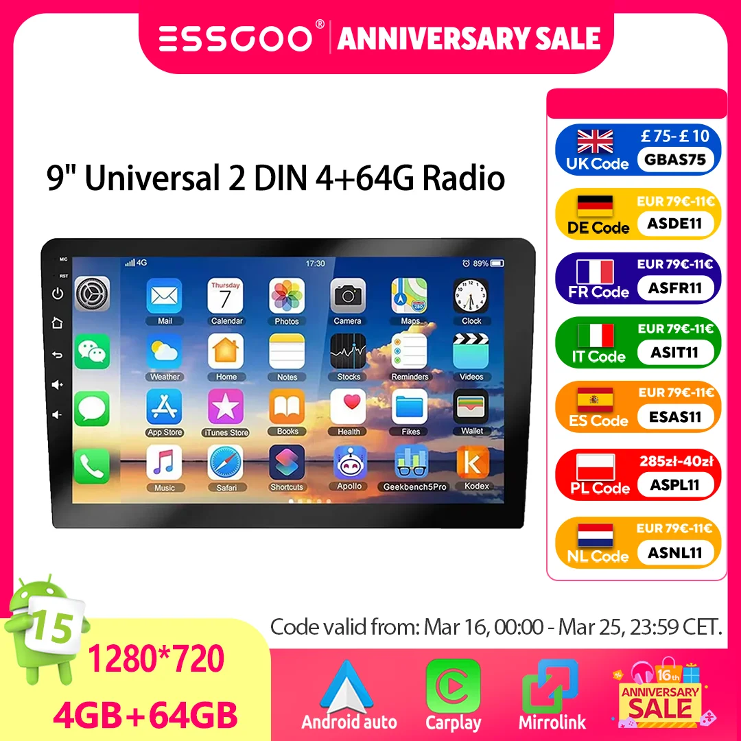 ESSGOO Autoradio 9" 2 DIN, CarPlay sans fil, Android Auto, Android 14, Bluetooth, écran tactile, 4+64G, GPS, navigation, RDS, WiFi, USB, FM, DAB+, caméra, unité principale. 1 ESSGOO Autoradio 9" 2 DIN, CarPlay sans fil, Android Auto, Android 14, Bluetooth, écran tactile, 4+64G, GPS, navigation, RDS, WiFi, USB, FM, DAB+, caméra, unité principale. 1