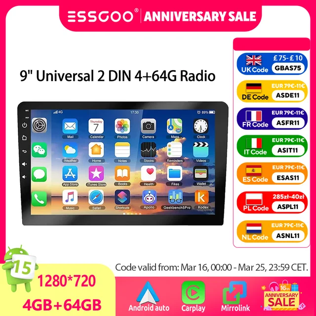 ESSGOO Autoradio 9" 2 DIN, CarPlay sans fil, Android Auto, Android 14, Bluetooth, écran tactile, 4+64G, GPS, navigation, RDS, WiFi, USB, FM, DAB+, caméra, unité principale. 1