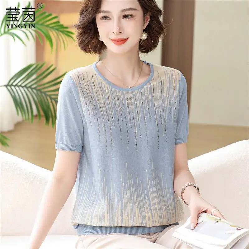 Femme Spring Summer Fashion Simplicity Striped Solid Color O-neck Short Sleeve Women Clothes Diamonds Tassel Appear Thin Top Tee - Image 2