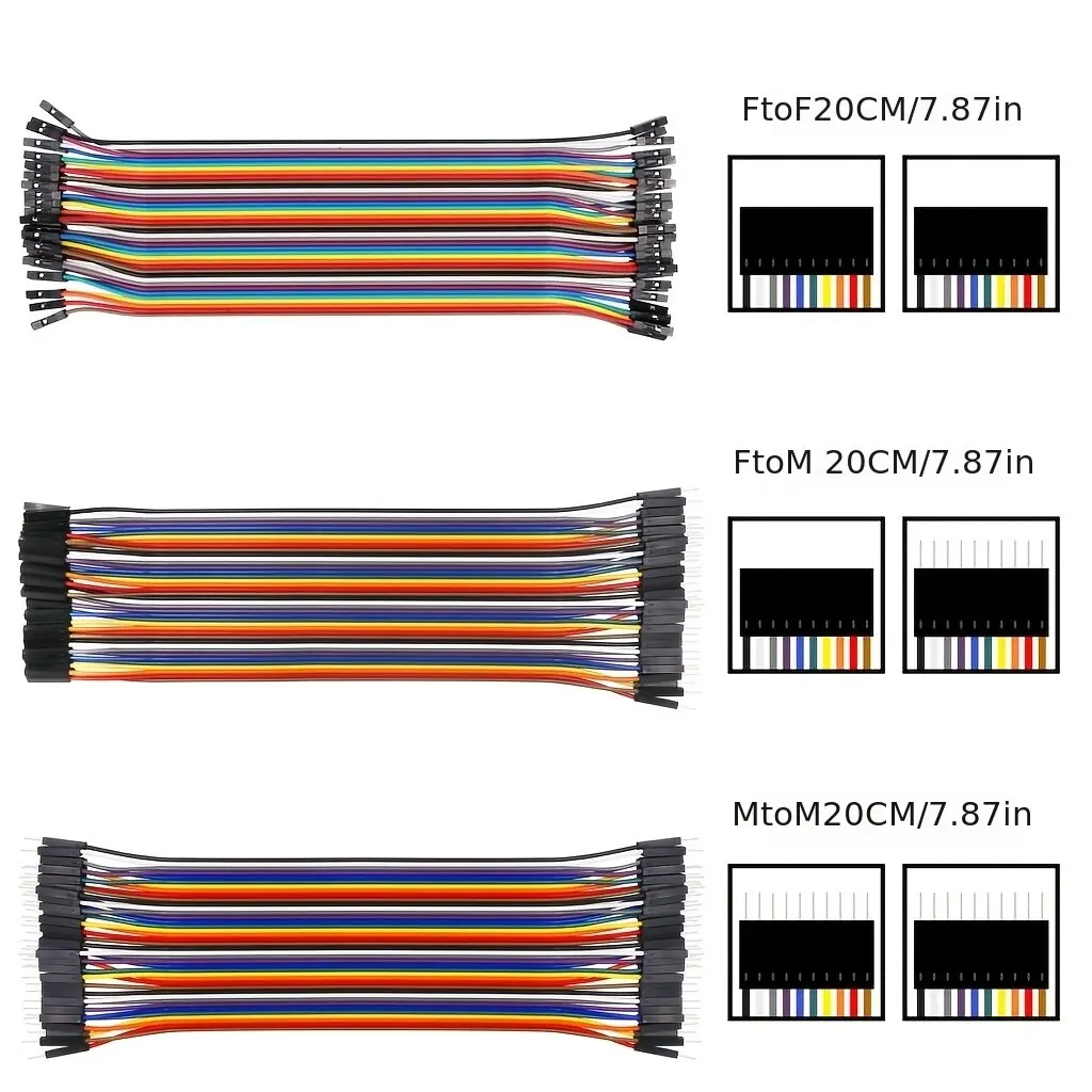 40-Pin 20cm Dupont Jumper Wire Set – Male-to-Male, Female-to-Male, Female-to-Female Cable Kit