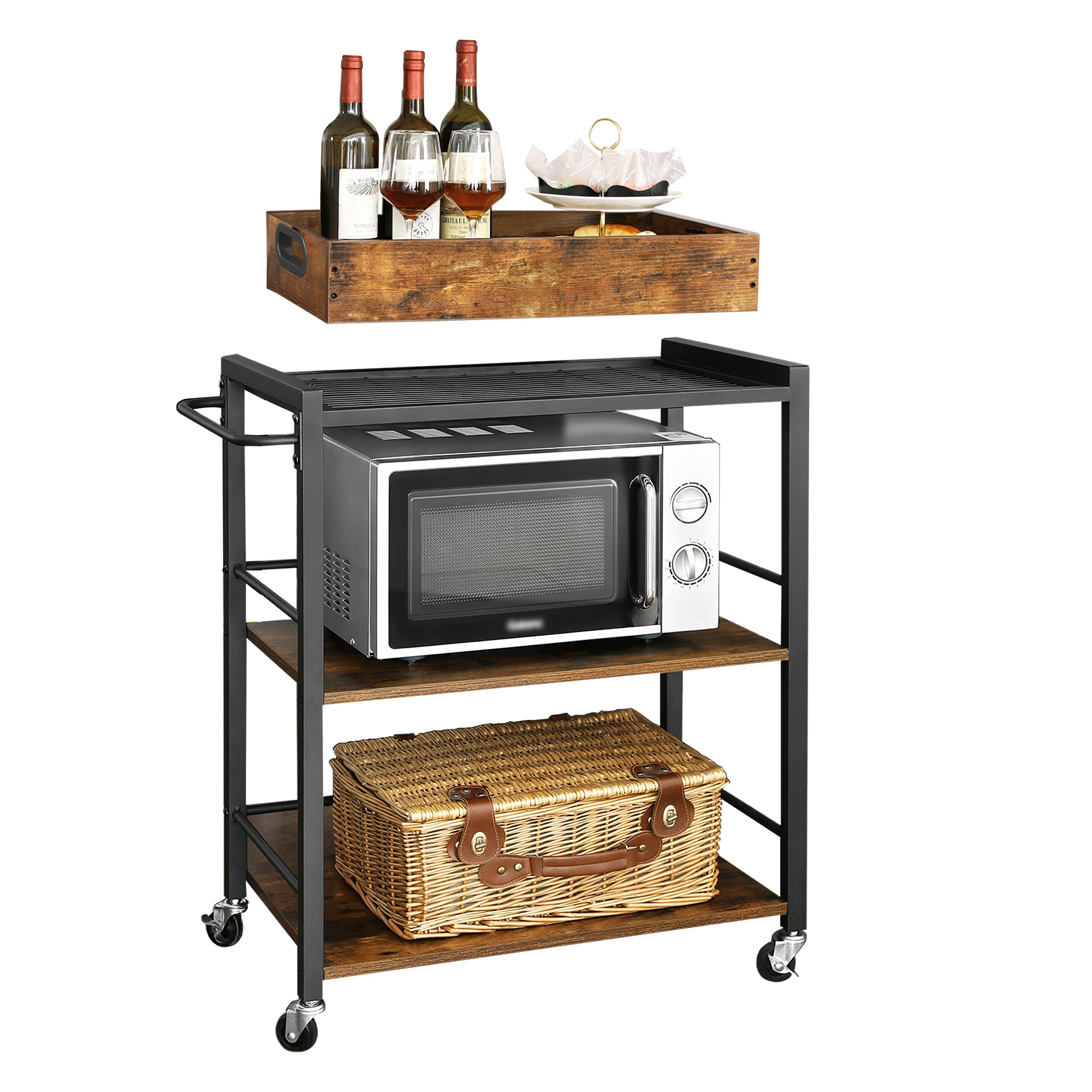 VASAGLE 3-Tier Slim Rolling Cart - Rustic Brown & Black, Narrow Storage Cart With Wheels