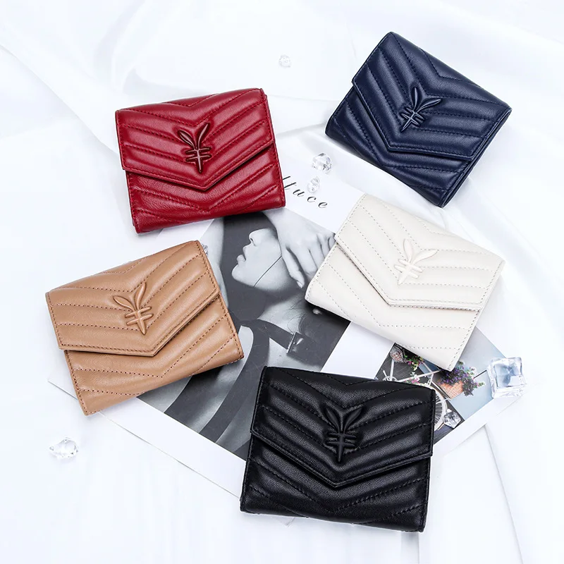 

Women Short Genuine Sheepskin Leather Trifold Wallets Zipper Coin Purse Fashion Printing Quilted Female Small Card Holder Wallet