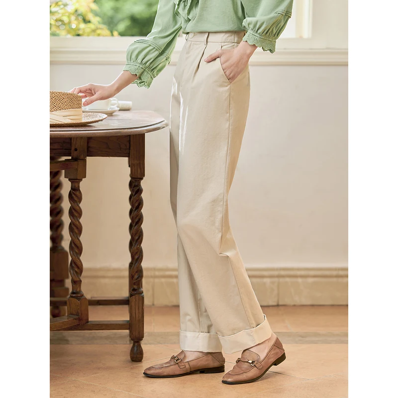 INMAN Women Pants 2023 Spring High Waisted Straight Loose Pure Cotton Comfort Light Khaki Casual Chic All-match Trousers