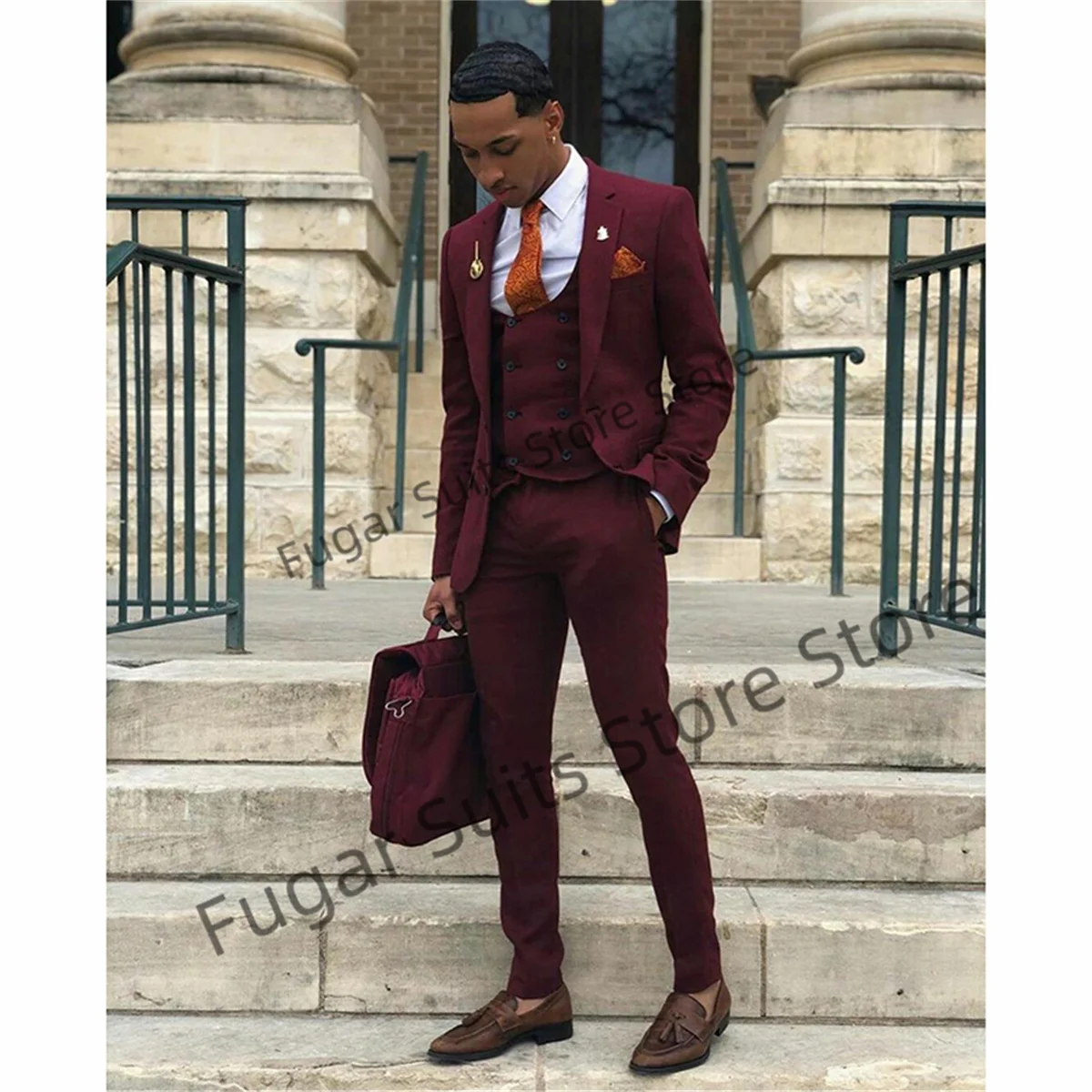 Burgundy Wedding Men Suits Slim Fit Notched Lapel Groom Formal Tuxedos Prom 3 Pieces Sets Business Male Blazer Costume Homme