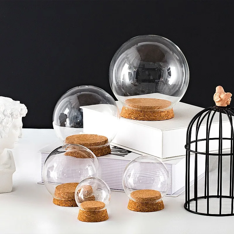 Clear Dome Cloche DIY Landscape Dollhouse Flower Preservation Vase with Wooden Base Antique Glass Bell Jar for Home Office Decro glass display dome