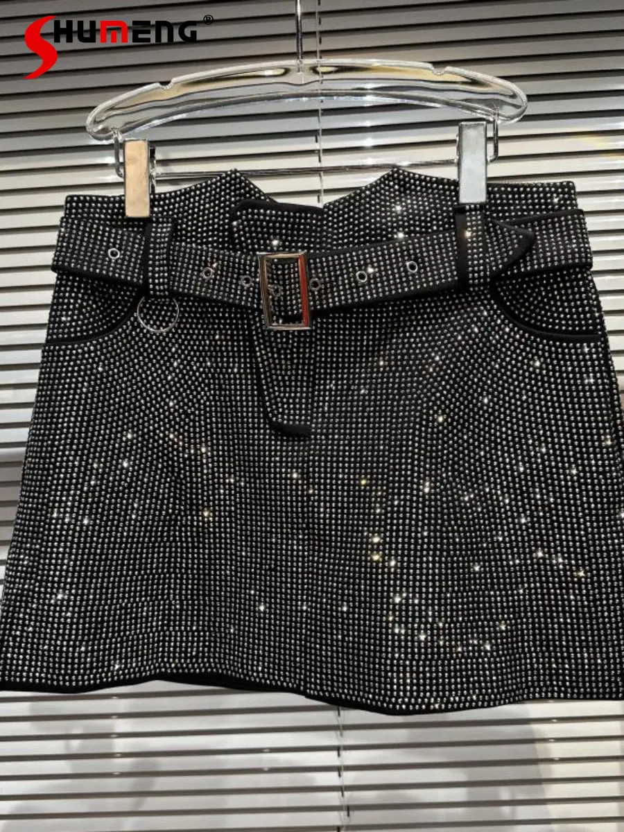 

2023 Spring New Heavy Industry Starry Rhinestone Short Skirt Women Fashion High Waist Figure Flattering Hip Mini Skirt Nightclub