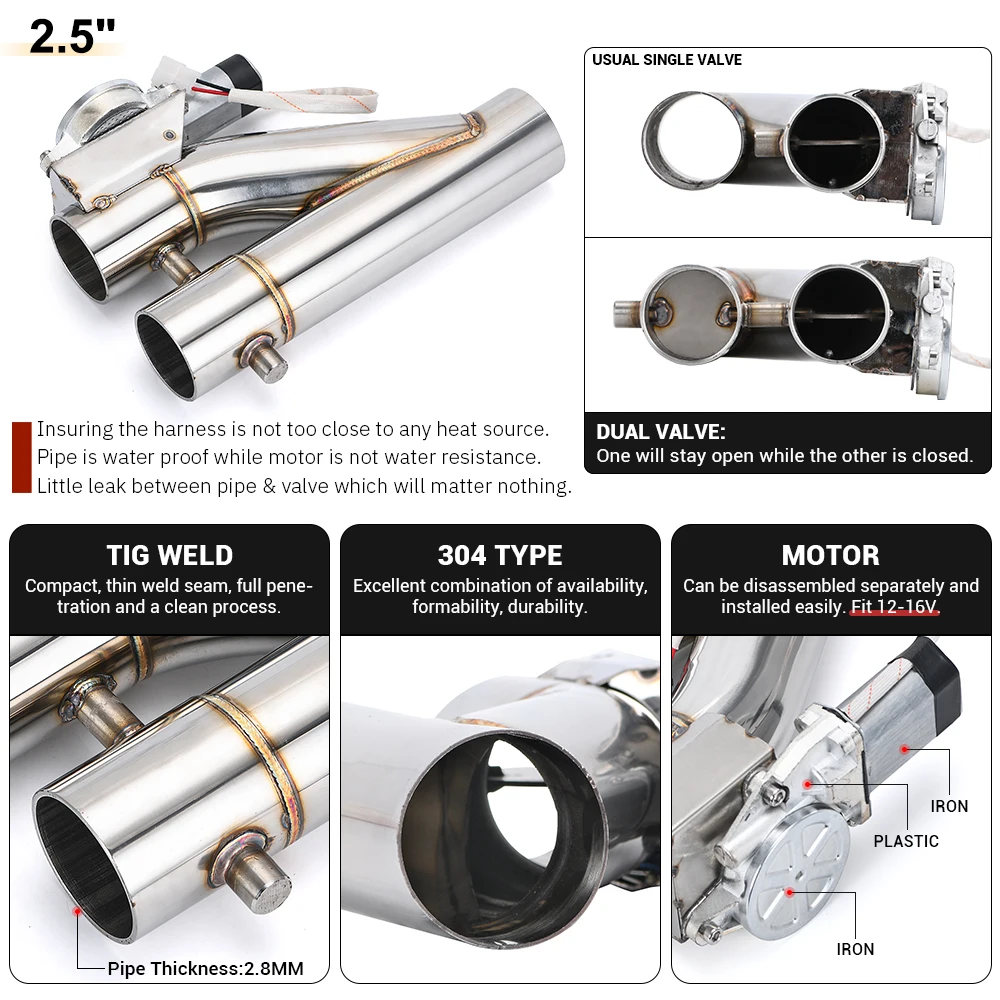 Exhaust Control Valve Exhaust Pipe Valve Kit Exhaust Pipe Valve Universal Stainless Steel 304 2.0" 2.25" 2.5" 3" Dual-Valve Electric Exhaust Downpipe Cutout With Remote Wireless Accessories