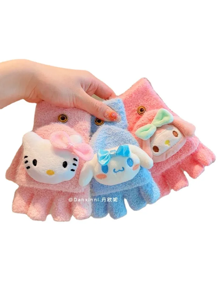 

Creative Hello kitty cartoon cute gloves Sanrio new Kuromi winter thickened warm portable flip cover children's writing mittens