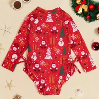 Kids Girls Long Sleeve Athletic Swimsuit Beach Sports Bathing Suit Zipper Beachwear Christmas Santa Pattern Stylish Swimwear 2