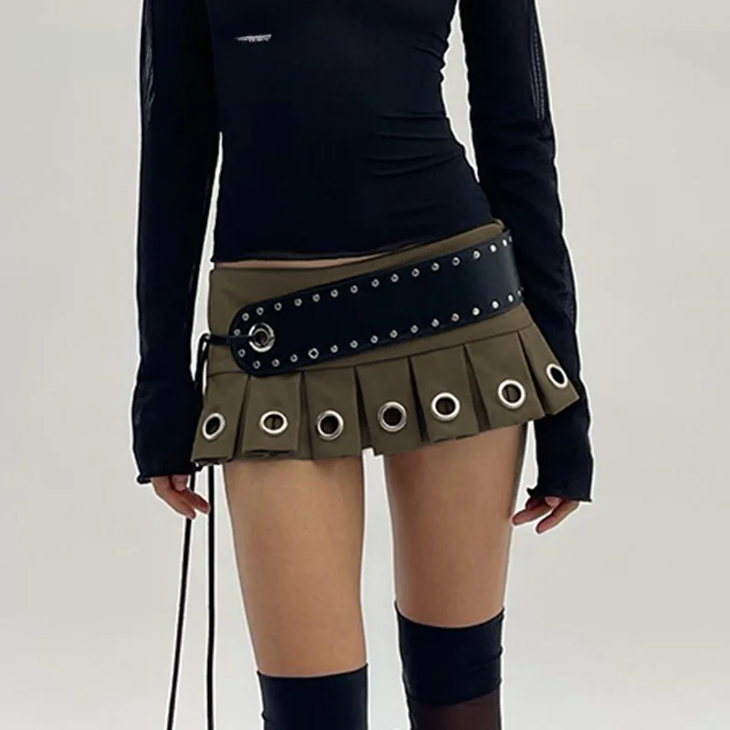 

Punk Low Rise Y2k Mini Pleated Skirt With PU Belt Summer Hot Sexy Super Short Skirt Vintage Grunge 2000s Women's Outfits