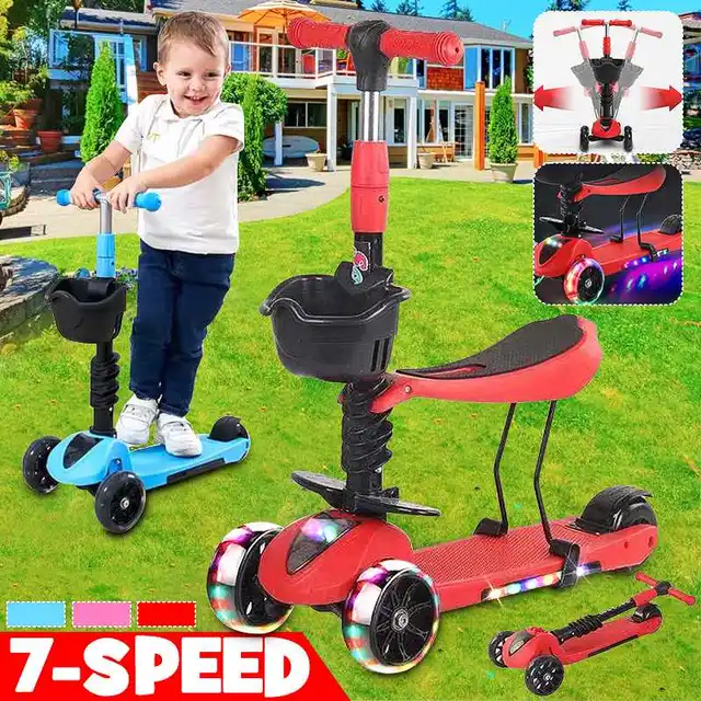 Kimbosmart Children's Scooter 3 in 1 Balance Bike Children's Tricycle Car with 3 LED Flashing Wheels Ride on Toys for Toddlers 1