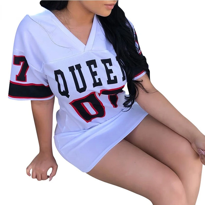 Summer Dress Women Girl Casual Loose Cotton Linen Sexy Short Sleeve V-neck Letters Bodycon Dress basketball jersey