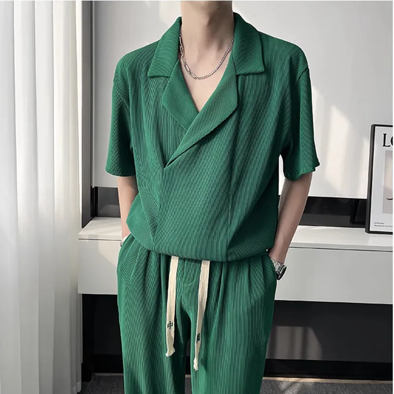 2 Pieces (T-Shirt+Trousers) Summer Pleated Sets Men Fashion Casual Short Sleeved Mens Korean Loose Ice Silk Sets Clothing pleated sets men slim fit fashion short sleeved shirt pants two piece men korean casual set mens solid color dress sets m 3xl