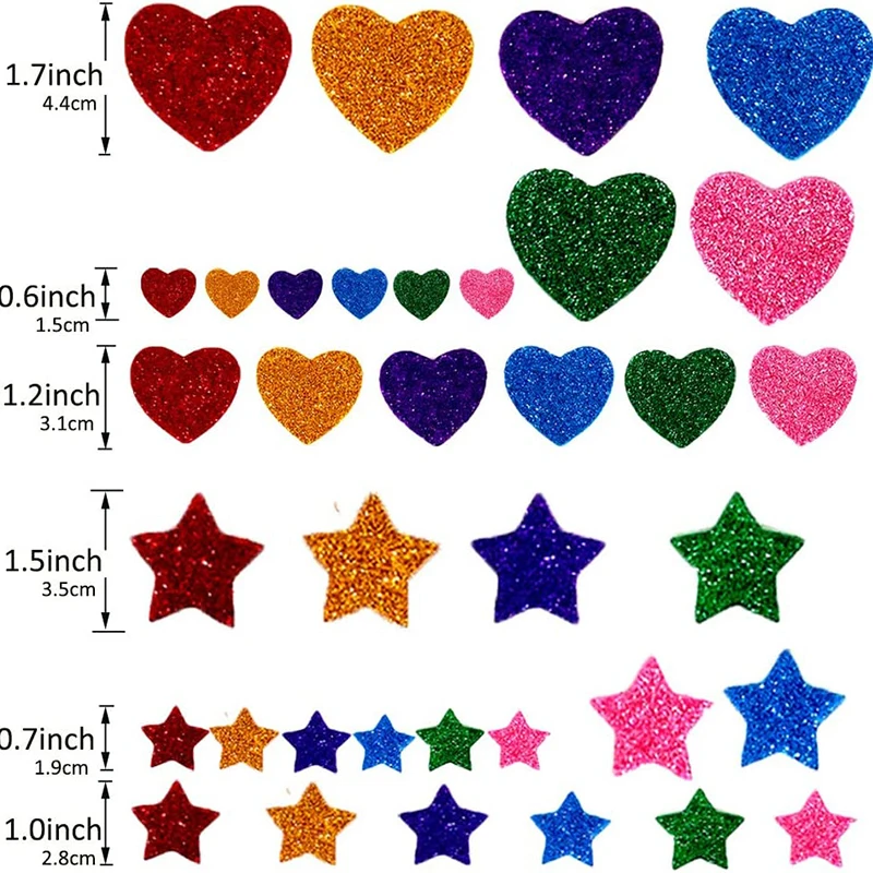 Colorful Glitter Foam Stickers - Self Adhesive Stars and Hearts for Kids' Arts and Crafts, Greeting Cards, and Home Decoration