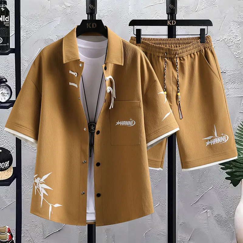 Summer New men's Printed Shirt Sets High quality Fashion Trend Shirt Shorts 2Piece Suit 2