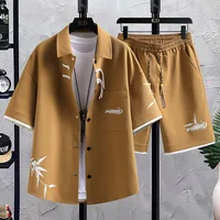 Summer New men's Printed Shirt Sets High quality Fashion Trend Shirt Shorts 2Piece Suit 2