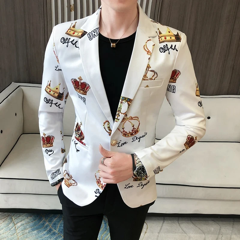 

T131 Spring Crown Print Blazer Men's Casual Slim Club Stage Singer Fashion Formal Tuxedo Jacket