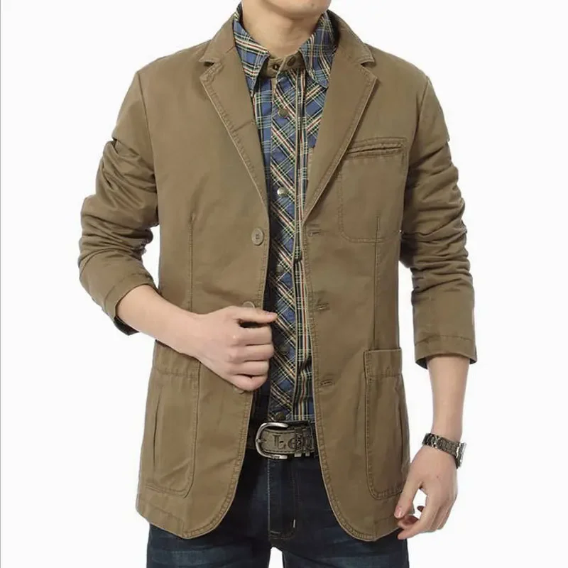 Men suits jackets: men casual blazers cotton denim parka slim fit jackets army green khaki big size M-XXXXL