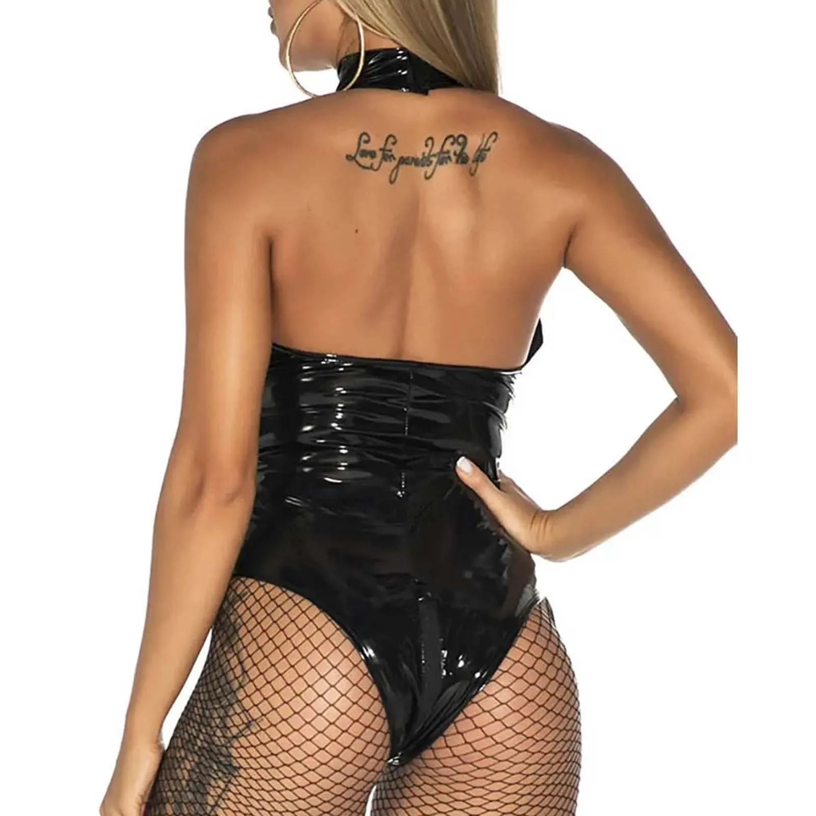 Women'S Tight Fitting Lingerie One Piece Mirror Pvc Leather Pu Lacquer Hang Neck Zipper Pants Exotic Costume Sexy Sleepwear