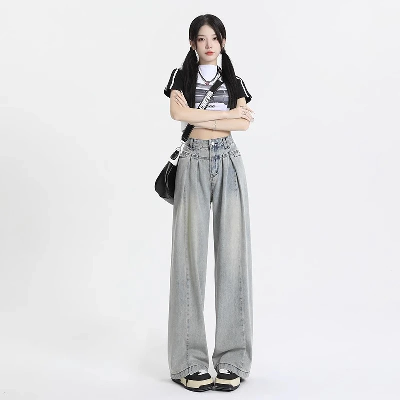 Vintage drape jeans women's spring and summer design high-waisted Spice Girls small loose straight dragging wide-legged pants