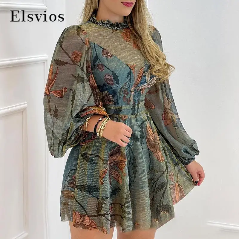 

Vintage High Waist Loose Dress Sexy Splicing Floral Print Mini Dress Elegant Women's Transparent Lantern Sleeve Pleated Dresses