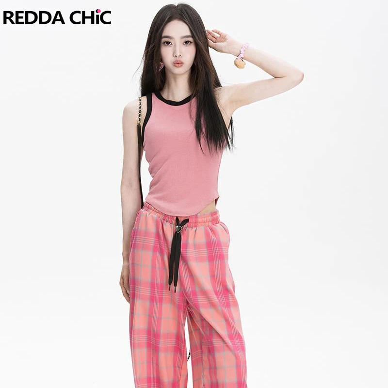 

Розовый женский трикотажный топ ReddaChic, повседневный топ без рукавов, майка Barbicore, Приталенный жилет, футболка для девочек Y2k, уличная одежда