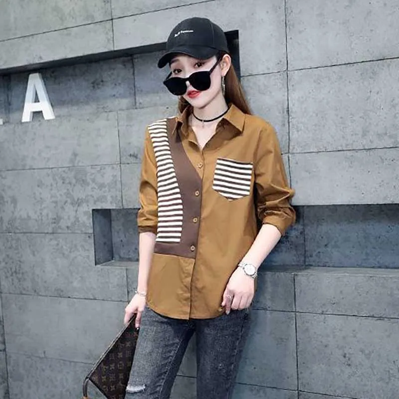 Fashion Lapel Spliced Asymmetrical Casual Striped Shirts Women's Clothing 2024 Spring New Loose All-match Tops Irregular Blouses