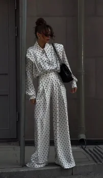 Polka Dot Printed Shirt Trouser Set Women Casual Full Sleeve Single Breasted High Waist Wide Leg Pant Suit Lady Elegant Outfit 1