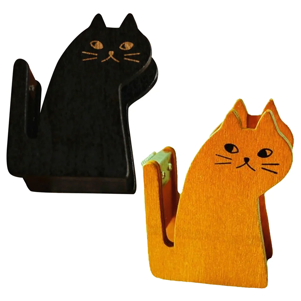 

2 Pcs Cat Tape Holder Tabletop Dispenser Desktop Office Lovely Wood Adorable