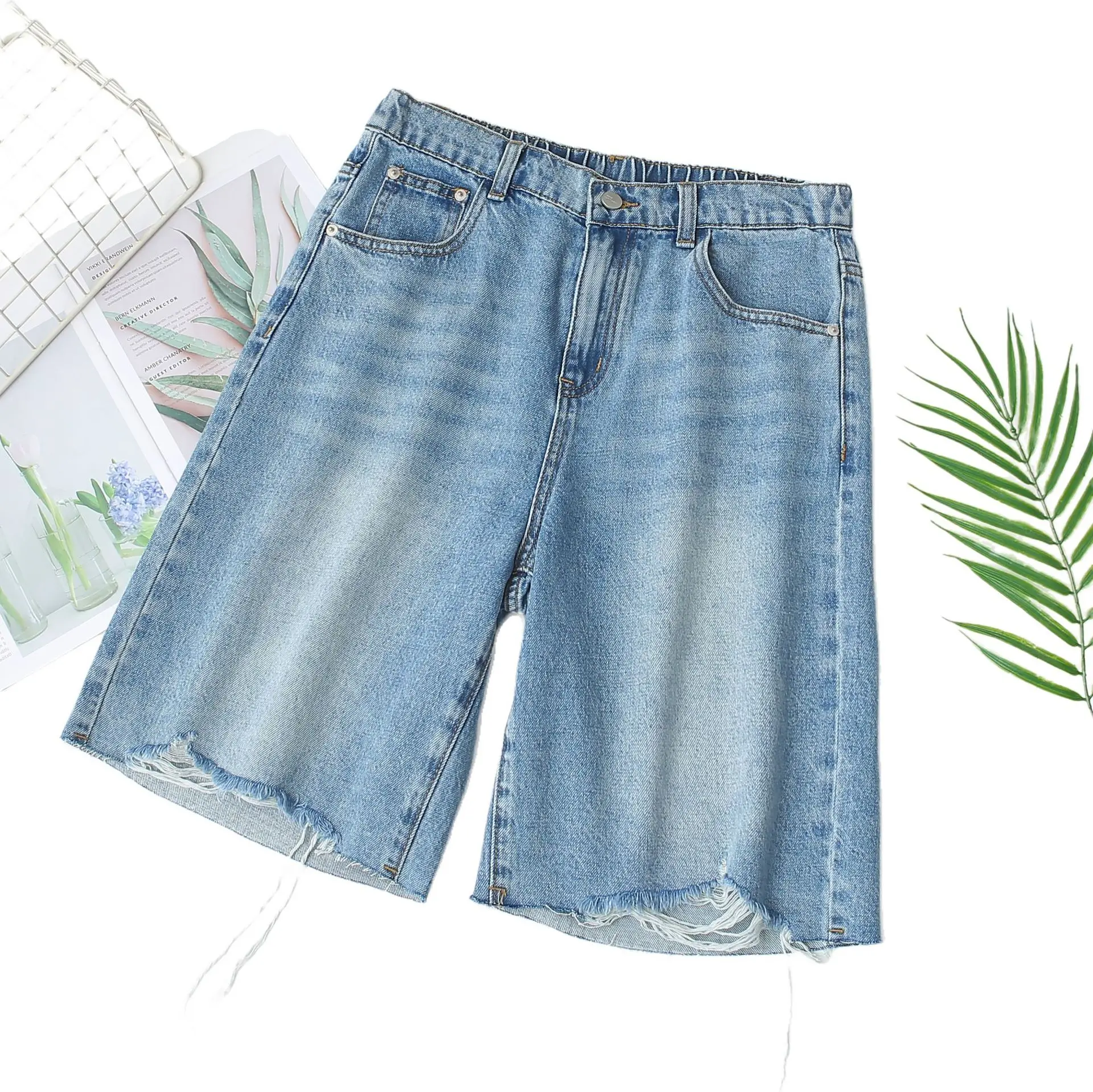 100KG Summer Jeans New Fashion Premium Denim mid-length Shorts Plus Size Women's Boyfriend Hot Pants 9366