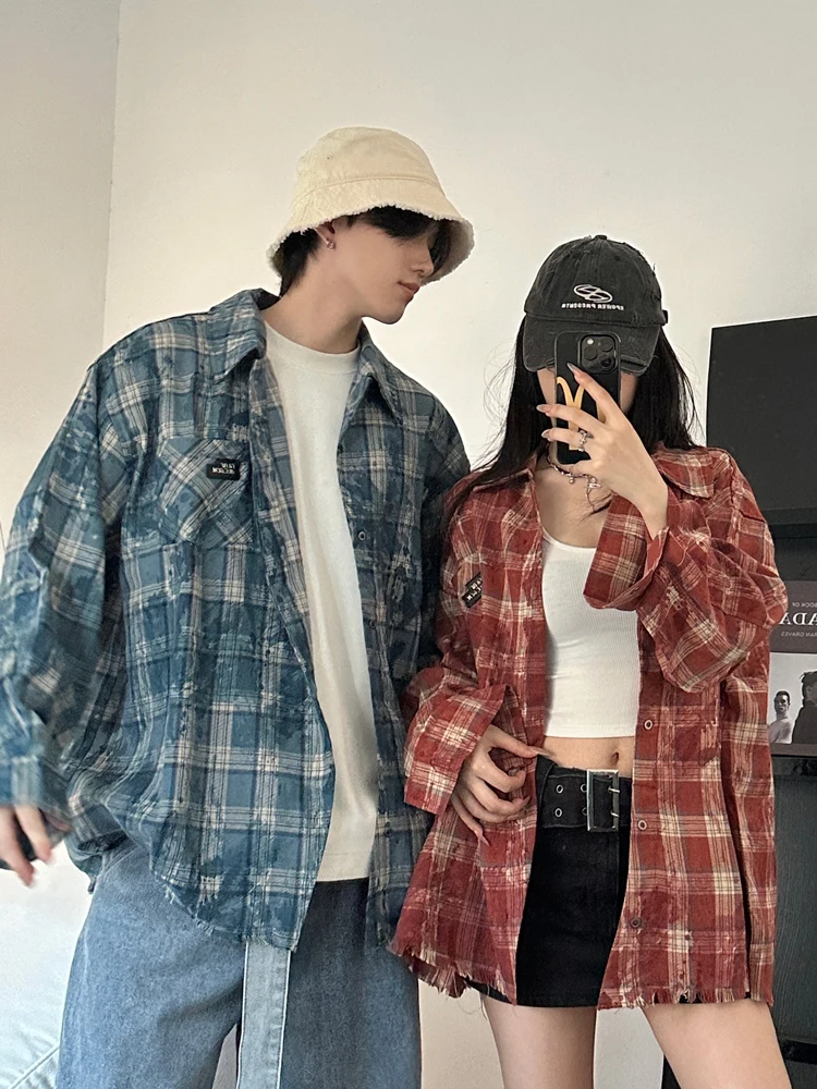 아메리칸 레트로 플래드 셔츠 재킷 남성용 가을 프레이드 디자인 루즈핏 레이지 스타일 커플 캐주얼 셔츠 긴팔 샤프 칼라