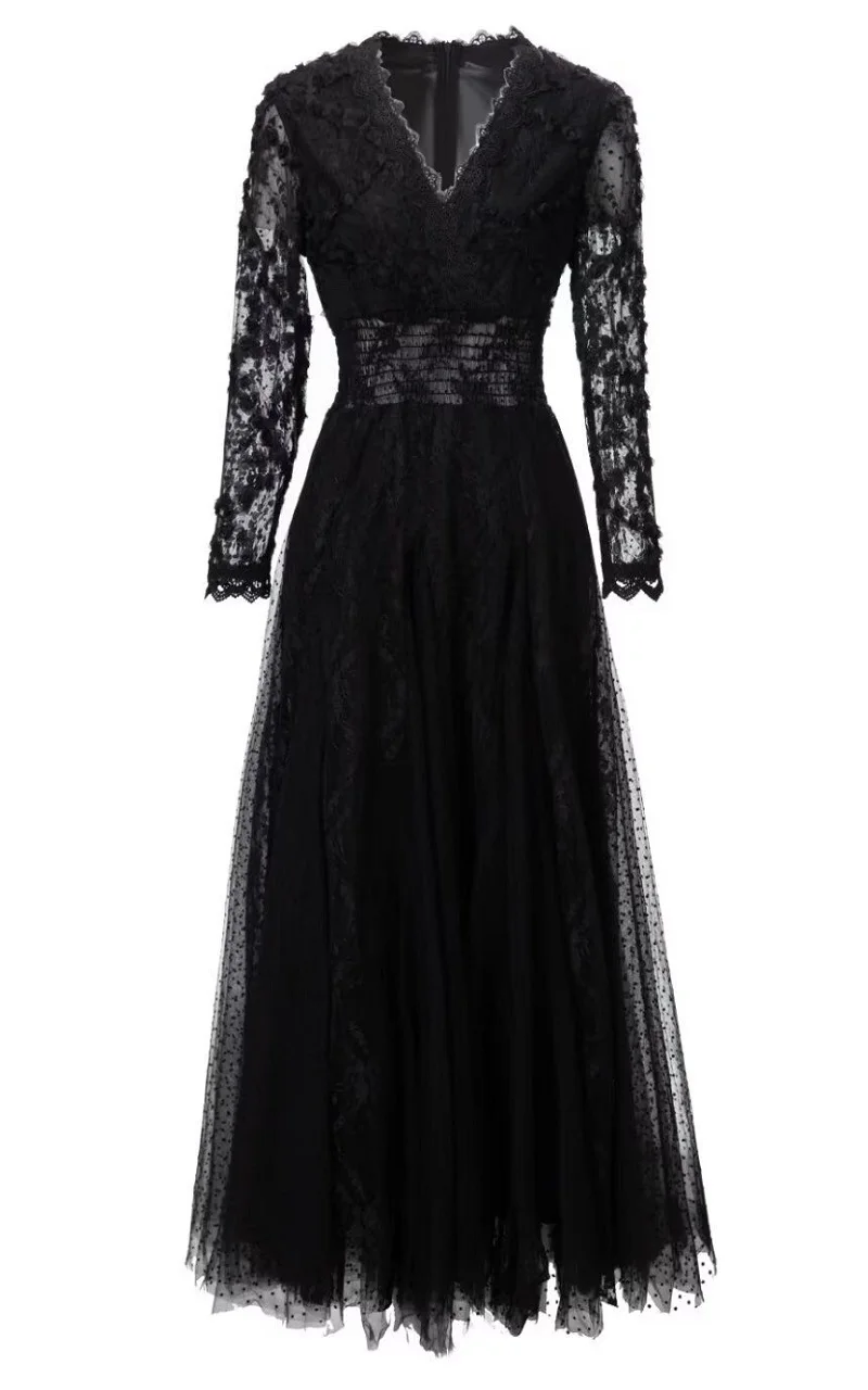 

High Quality New Lace Long Dress 2023 Spring Party Evening Women V-Neck Tulle Mesh Patchwork Long Sleeve Black Gown Dress XXL