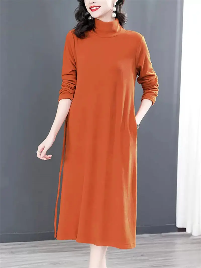 

Half High Collar Long Sleeve Knitted Dress For Women's Thickened Autumn And Winter 2022 Bottomed Sweater Dress Lace Up Robe T941
