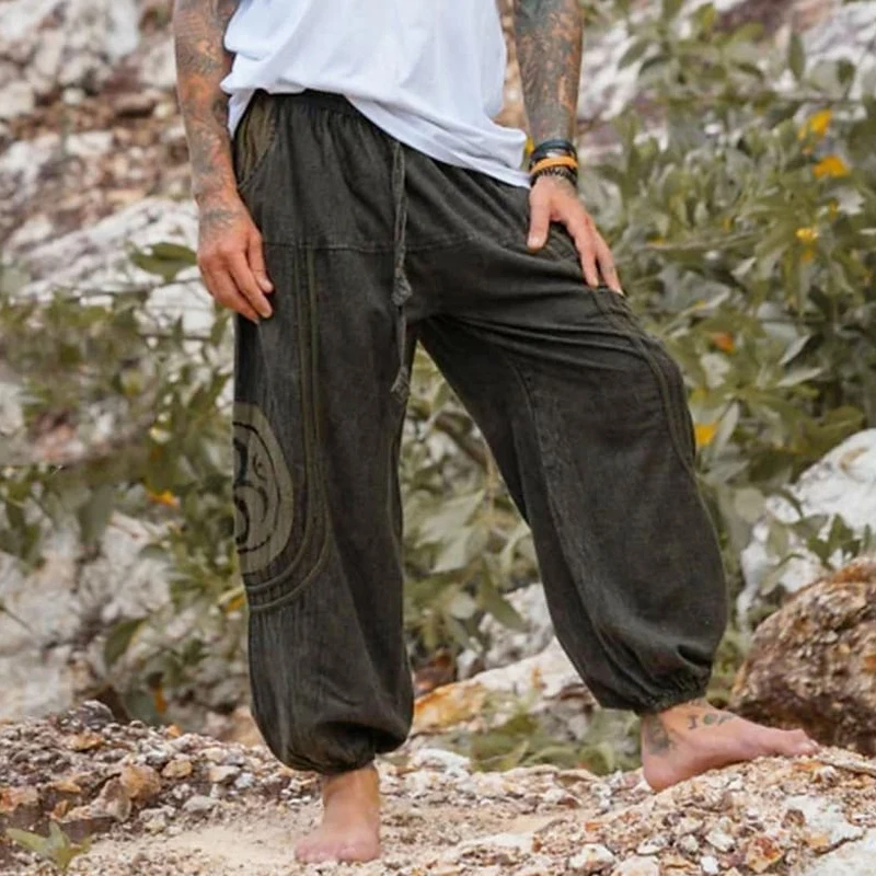 

Boho Vintage Graphic Printing Pants For Men 2024 Summer Fashion Loose Mens Harem Pants Casual Lace-up Waist Drawstring Trousers