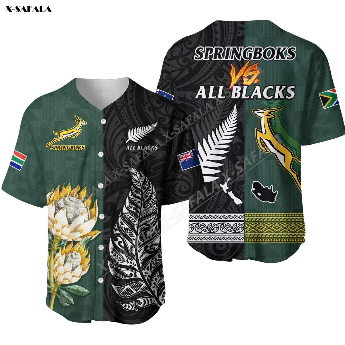 New Zeland Rugby Warriors South Africa Protea Fern Go Springboks All Black  3D Printed Baseball Jersey Shirt Men Short Sleeve