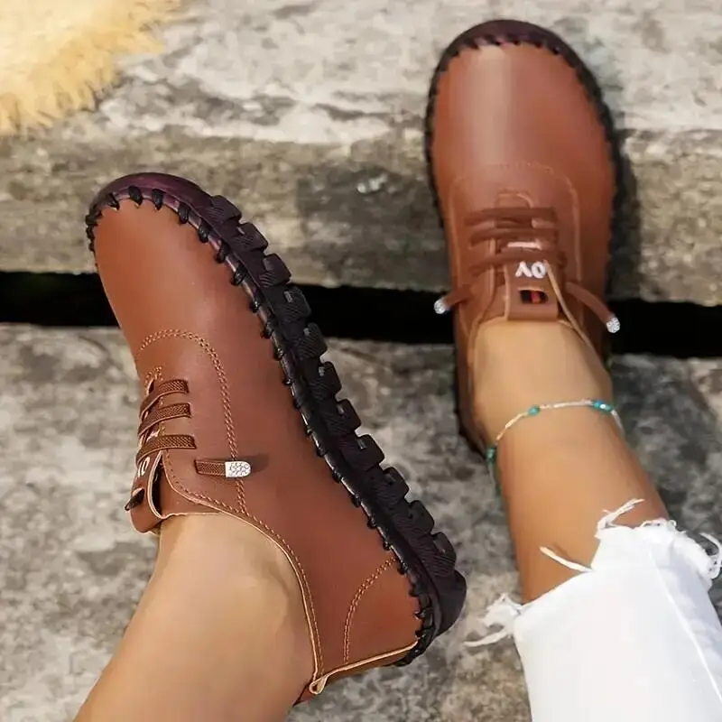 Women Shoes Women Sneakers Women Flats Casual Shoes Women's Handmade Flat Sneakers Comfortable Lace Up Round Toe Faux Leather Casual Walking Shoes